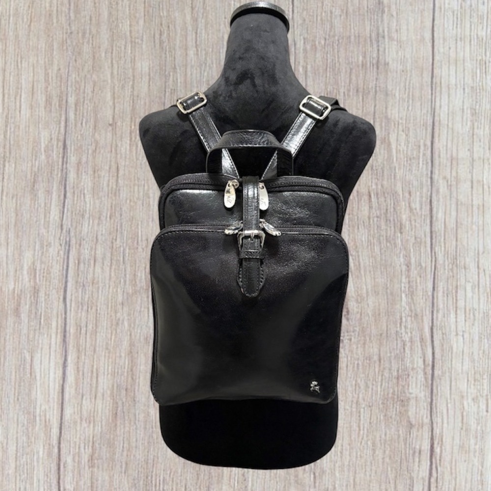 Ashwood Leather Black Mini Backpack Purse Silver Stag Logo Multi Zip Pocket‎